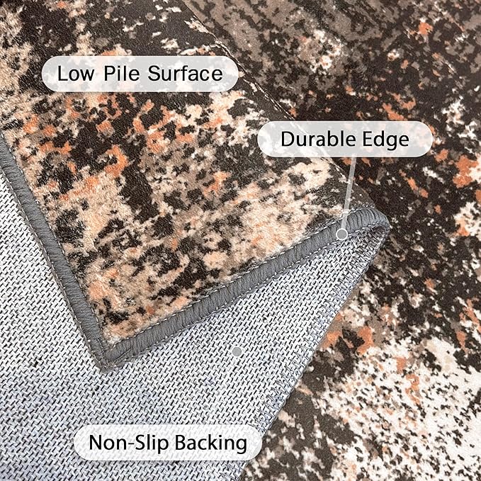 GENIMO Washable Area Rugs for Living Room, 10x12 Vintage Non Slip Rugs, Low Pile Lightweight Soft Print Rug for Bedroom, Dining Room, Home Office, Brown Orange