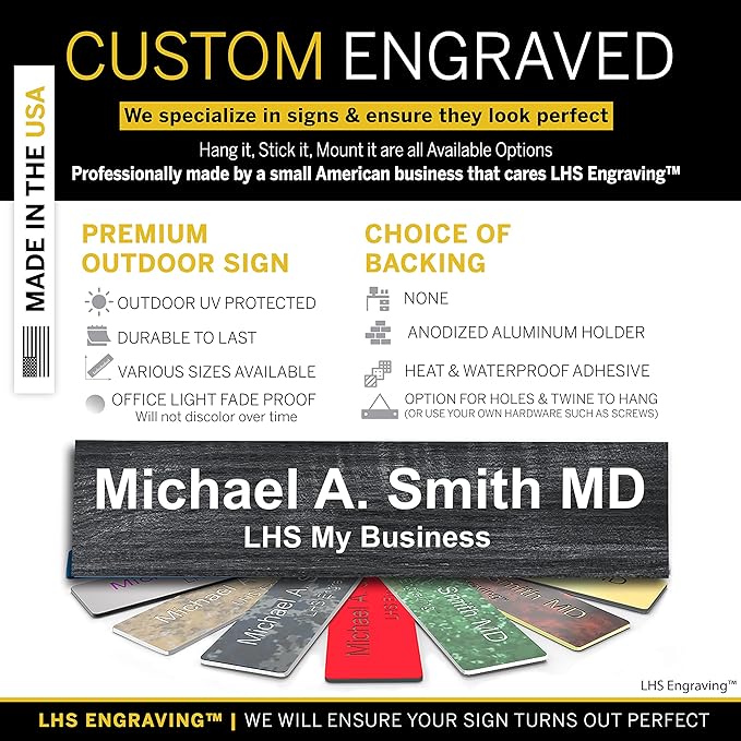 Custom Name Plate for Doors, with Choice of Mounting Holders for Walls, Doors, Cubicles, Hanging and More - Personalized Carbon Ash Plastic White Letters - USA Made 2x6 - N1