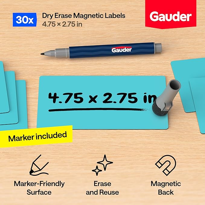 GAUDER Magnetic Dry Erase Labels | 30x Magnetic Labels (4,75 Inches x 2,75 Inches) | 30x Dry Erase Magnets for Classroom, Whiteboard and Blackboard