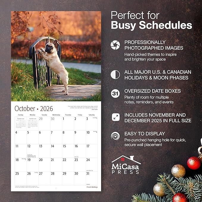 MICASA PRESS French Bulldogs 2026 Wall Calendar 12 Month | 12" x 24" Open | Thick & Sturdy Paper | Holiday Gift | Cute Frenchie Puppy Dog Calendar 2026
