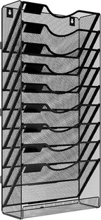 Solinxe 10 Tier Wall File Organizer, Vertical Mesh Paper Mail Organizer Wall Mounted Magazine Rack, Metal Clipboard Storage for Office, Home, Classroom, Black