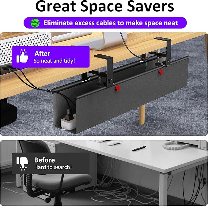 Cotohim Under Desk Cable Management Tray - Under Desk Cord Management - Clamp/Screw Mount - Fabric Wire Management - Cable Raceways Tray Cord Hiders for Office/Home (Black, 28.6"×5.6")