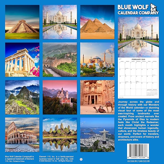2026 Wonders of the World Landscapes Monthly Wall Calendar | Travel Calendar 2025-2026
