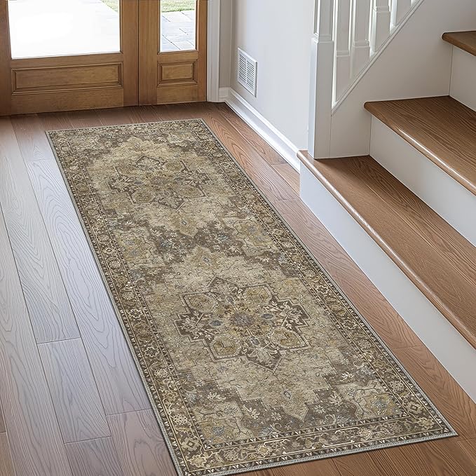 GENIMO 2'6''x8 Runner Rugs for Hallway, Machine Washable Non Slip Vintage Rugs, Low Pile Lightweight Soft Print Rug for enrtyway, Corridor, Home Office, Kitchen, Rustic Brown
