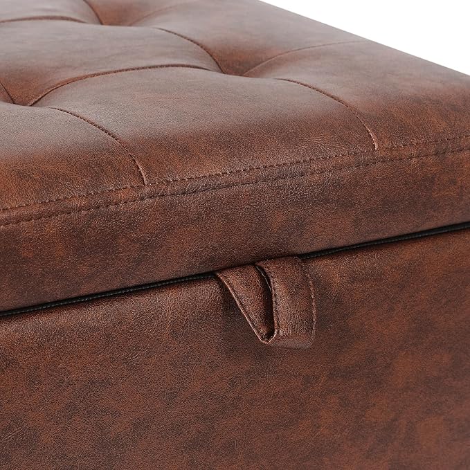 Adeco Small Faux Leather Storage Ottoman Bench with Wood Legs, Square Red & Brown PU Cube Foot Stool, Upholstered Button Tufted Vanity Chair with Hinged Lid for Living Room, Bedroom, Dorm