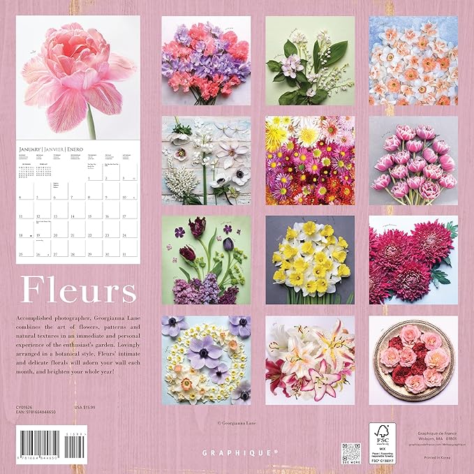 Graphique 2026 Fleurs Wall Calendar | 12” x 12” | Thick Paper | Home & Office Organizer | Large Monthly Grid | 3 Languages & Marked Holidays | 4 Month Preview Page for 2027