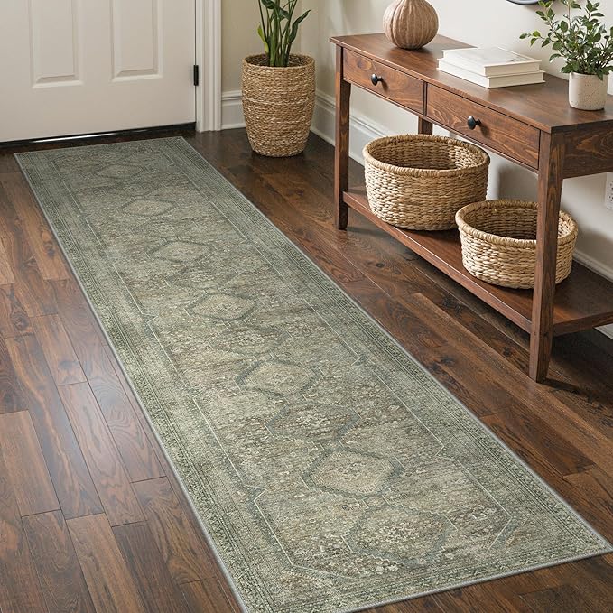 GENIMO Runner Rug 2x8 Non Slip Machine Washable Hallway Runner Rug, Low Pile Lightweight Rugs for Entryway, Hallway, Kitchen and Corridor, Sage/Blue