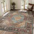GENIMO 4x6 Area Rugs for Living Room, Machine Washable Rug, Non Slip Vintage Rugs, Low Pile Lightweight Chenille Print Rug for Bedroom, Dining Room, Home Office, Vintage Brown/Blue