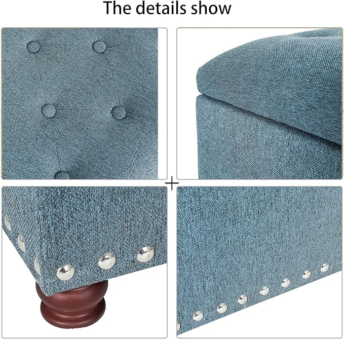 Decent Home 24’’ Rectangular Upholstered Storage Ottoman for Living Room- Fabric Foot Stool with Nail-Head Trim- Chests and Organizers, Load Up to 350 lb, Lake Blue