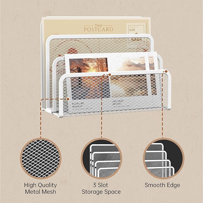 SUPEASY Mail Organizer for Desk, Mesh Metal Mail Holder Countertop with 3-Slot, Letter Sorter File Holder, Office Envelope Organizer for Mails (White)