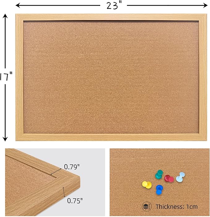 Yunihome Cork Bulletin Board, 17x23 Inches Hanging Cork Board Wooden Framed with Pins for Wall, Dorm Room, Office, Home Decor – Natural Cork & Black Frame