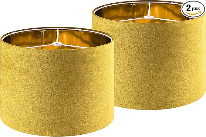 GO&SO Set of 2 Large Drum Yellow Velvet Lamp Shade -16" Top x 16" Bottom x 12" High(Spider) Modern Lamp Shades For Table Lamps & Bedside Lamp Replacement Lampshade, Hand Crafted, Required Assembly