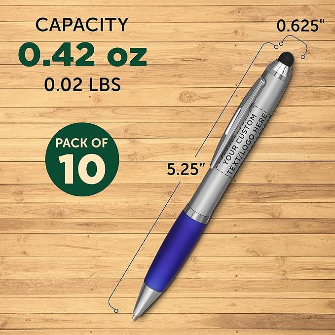 DISCOUNT PROMOS Custom Stylus Ballpoint Pens Set of 10, Personalized Bulk Pack - Black Ink, Great for Office, School, Business, Tradeshows, Events - Blue