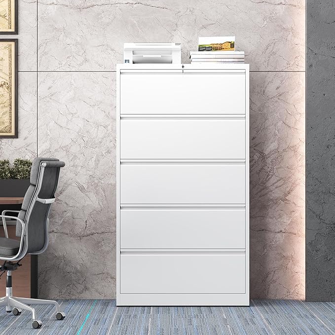 mysteeldepot 5 Drawer Lateral File Cabinet with Lock, Metal File Cabinet, Lateral File Cabinets for Home Office, Heavy Duty File Storage Cabinet for Legal/Letter/A4 Document, Assembly Required, White