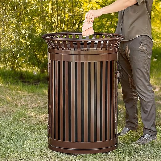 Zedfire 45 Gallon Brown Waste Bin with Flat Lid & Door, Outdoor Heavy-Duty Commercial Trash Can Steel Slatted, Round Recycle Container, Durable Garbage Can for Parks, Municipalities, Parking, Schools