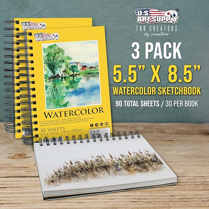 U.S. Art Supply 5.5" x 8.5" Premium Heavyweight Watercolor Paper Pad, Pack of 3 (30 Sheets Each), 140lb (300gsm) - Spiral Bound, Cold Pressed, Acid-Free, Wet, Water Color Paper - For Artists, Students
