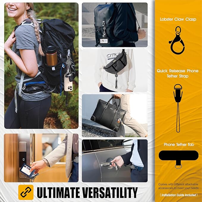 KAHETA Retractable Keychain Heavy Duty Carabiner Badge Holder Clip with Magnetic,Tactical Id Badge Reel with 32'' Steel Retractable Cord,Key Ring,Lobster Claw Clasp and Phone Tethers