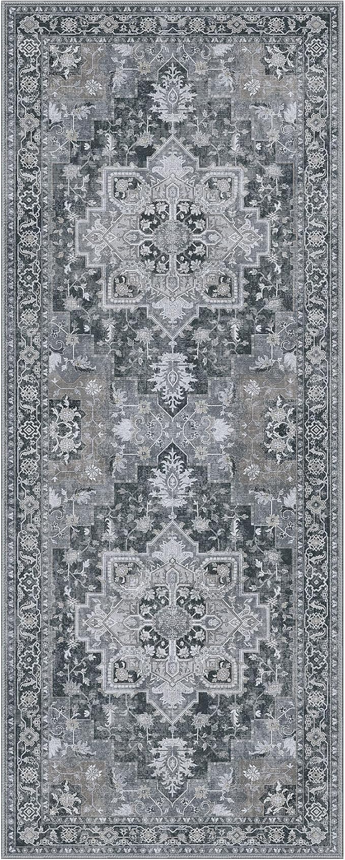 GENIMO 2'6''x8 Runner Rugs for Hallway, Machine Washable Non Slip Vintage Rugs, Low Pile Lightweight Soft Print Rug for enrtyway, Corridor, Home Office, Kitchen,Dark Gray