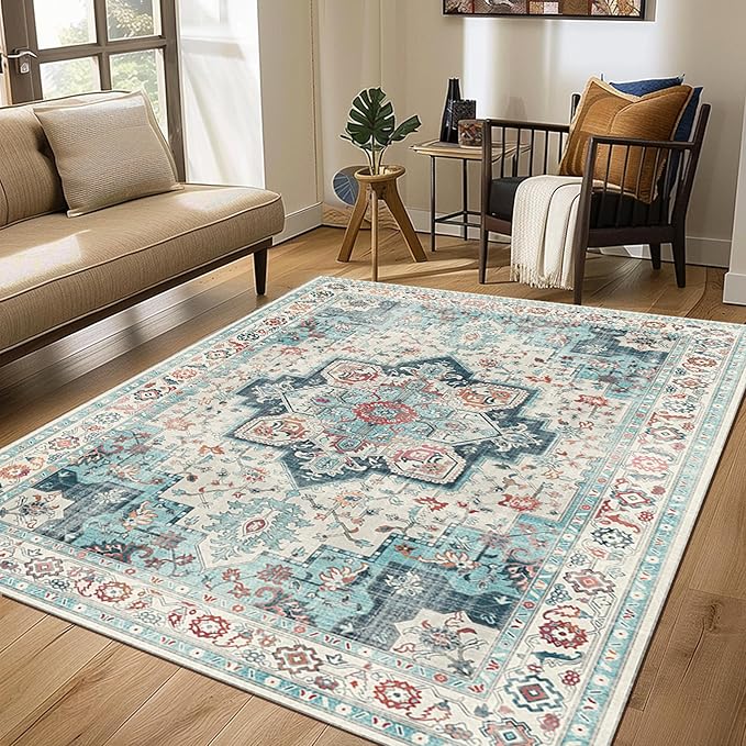 GENIMO 9x12 Area Rugs for Living Room, Machine Washable Non Slip Rugs, Low Pile Lightweight Vintage Print Rug for Bedroom, Dining Room, Home Office, Cyan/White
