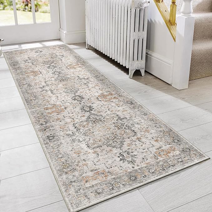 GENIMO Runner Rug 2'6"x6 Machine Washable Non Slip Vintage Hallway Runner Rug, Low Pile Lightweight Rugs for Indoor Entryway, Hallway, Kitchen and Corridor, Light Taupe Brown
