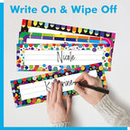 40PCS Desk Nameplates, 4 Designs Double Sided PET Film Desk Name Tags Erasable & Reusable Traditional Manuscript Name Plate Colorful Decoration for Student School Classroom Organization (10” x 2.8”)