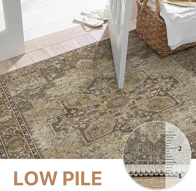 GENIMO 6x9 Area Rugs for Living Room, Machine Washable Non Slip Vintage Rugs, Low Pile Lightweight Chenille Print Rug for Bedroom, Dining Room, Home Office, Rustic Brown