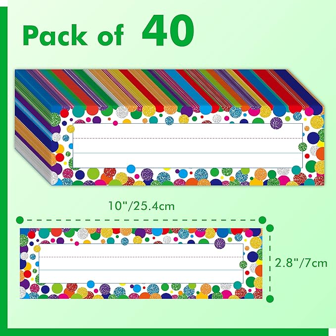 40PCS Desk Nameplates, Confetti Desk Name Tags with Double Sided PET Film Student Name Labels Erasable & Reusable Traditional Manuscript Name Plates for School Classroom Organization (10” x 2.8”)