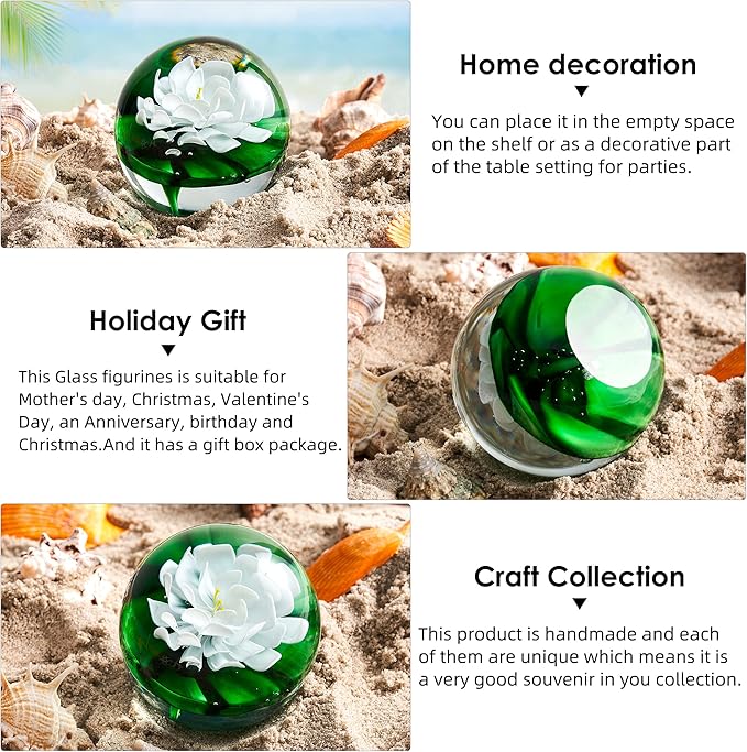 EUSTUMA Hand Blown Glass Flower Paperweight Figurine for Office Desk.Give You A Gift from The Person You Love, The Garden Decoration.(White Lotus Leaves)