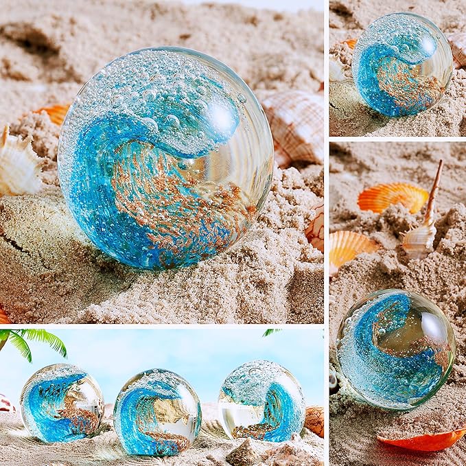EUSTUMA Hand Blown Glass Figurines Ball Ocean Waves,Office Paperweight Glass for Desk,Home Decor Collectible,Aquarium Decor,Office Decor Ocean Lovers (Blue)