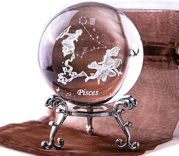 3D Inner Carving Constellation Ball Crystal Paperweight Full Sphere Glass Fengshui with Sliver-Plated Flowering Stand(Pisces)