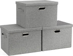 Graciadeco Large 17" 36 Quart Collapsible Stackable Storage Bins with Lids, 3 Packs Grey Linen Fabric Closet Boxes with Lids, Storage Cube Baskets Container Organizers for Bedroom Office(17 x12 x11)