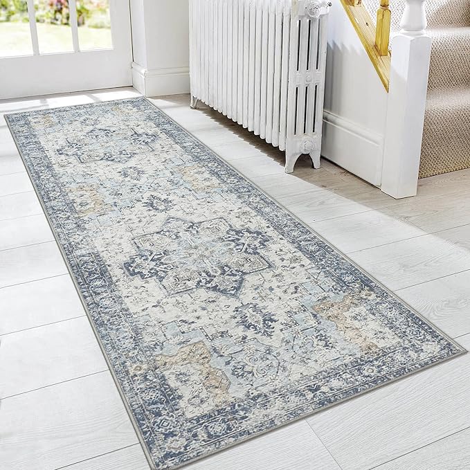 GENIMO Runner Rug 2'6"x6, Non Slip Vintage Hallway Runner Rugs, Low Pile Lightweight Machine Washable Mat for Hallway, Entryway, Bedroom, Kitchen and Corridor, Blue