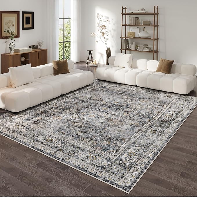 Rugcomf 9x12 Rug Washable Boho Soft Large Area Rug Non-Slip Faux Wool Vintage Rug for Living Room, Farmhouse, Dining Room, Indoor, Kids Playroom (Grey)