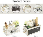 HoreZer Wood Mail Holder Box,Decorative Mail Organizer Box Countertop,Letter Holder Box for Desk with Chalkboard & Rope Handles,Rustic Desk Mail Organizer Home Office(White)
