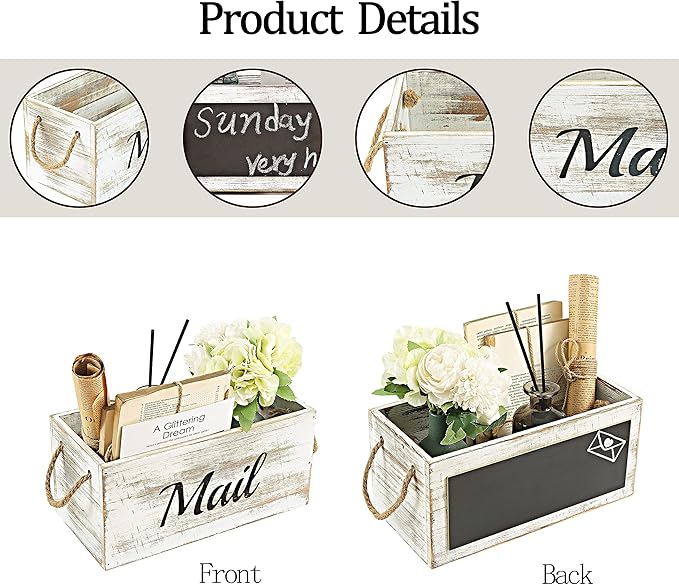 HoreZer Wood Mail Holder Box,Decorative Mail Organizer Box Countertop,Letter Holder Box for Desk with Chalkboard & Rope Handles,Rustic Desk Mail Organizer Home Office(White)