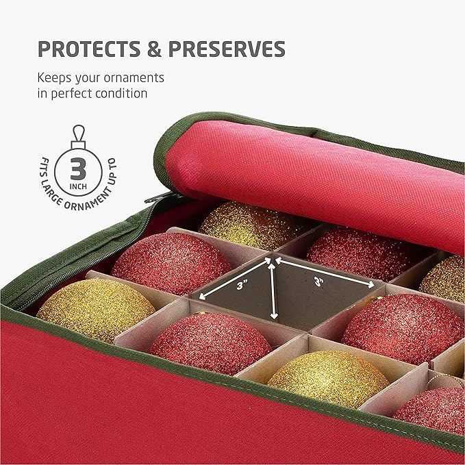 ZOBER Underbed Christmas Ornament Storage Box - Stores 64 3" Ornaments, With Dividers - Tear Proof 600D Oxford Fabric, Ornament Organizer Storage Box, Durable Christmas Containers Holder - Red