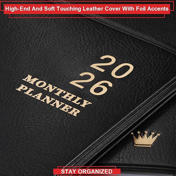 2026 Monthly Planner/Calendar - Jan 2026 - Dec 2026, Monthly Planner 2026, 12 Months, Faux Leather, 8.86" x 11.4", 15 Notes Pages, Strong Twin - Wire Binding, Tabs, Perfect Organizer - Black