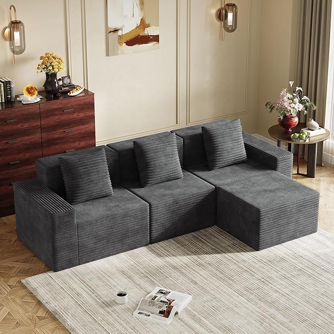 WLIVE 110'' Boneless Couch for Living Room, Modular Sectional Sofa, Cloud Memory Foam Couch L Shape with Chaise, Grey