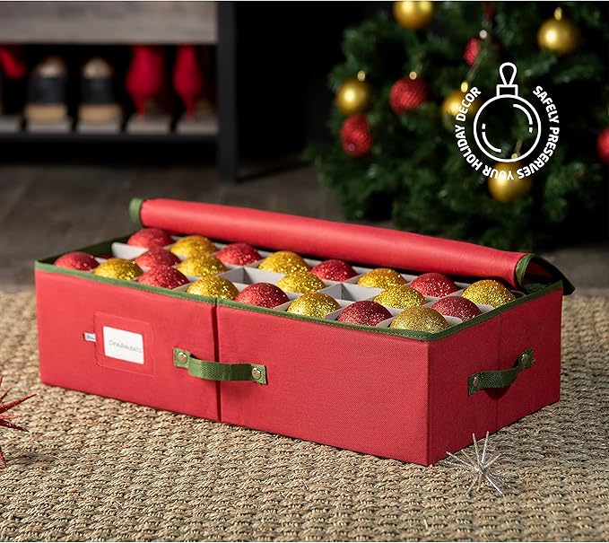 ZOBER Underbed Christmas Ornament Storage Box - Stores 64 3" Ornaments, With Dividers - Tear Proof 600D Oxford Fabric, Ornament Organizer Storage Box, Durable Christmas Containers Holder - Red
