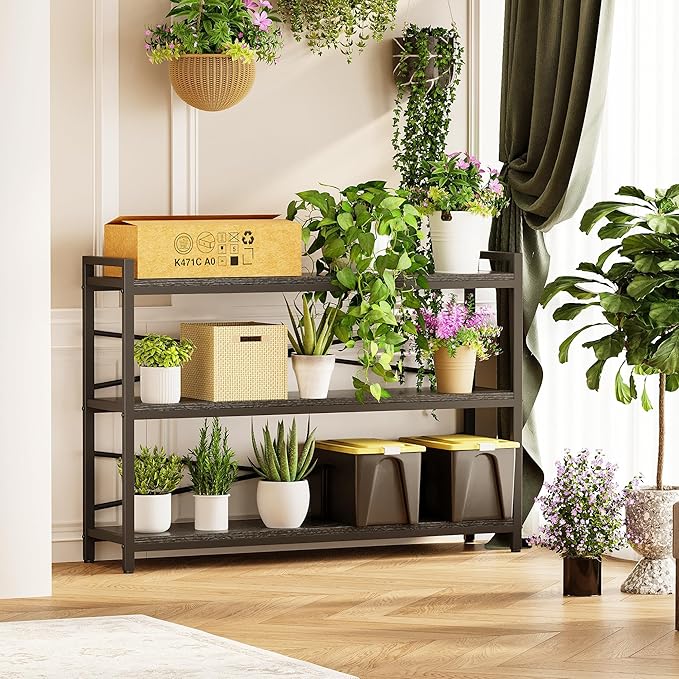 3 Tier Bookcase 47.24" Width, Long Industrial Book Shelf, Vintage Wooden Large Book Shelf for Home Living Room Bedroom Office Storage(Black)