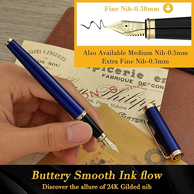 BEILUNER Blue Fountain Pen,Stunning Luxury Pens with 24K Gold Finish, Gorgeous 24K Gilded Nib(Fine), Trustworthy Pen Gift for Men&Women -Ink Converter-Elegant, Graduation,Nice Pen for Writing
