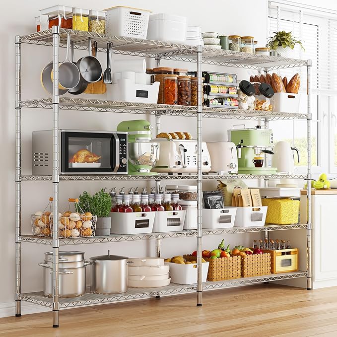 REIBII 58" W Storage Shelves Wire Shelving 1400LB Metal Shelves for 5 Tier Shelving Unit with Shelf Adjustable Garage Shelving Rack for Pantry Kitchen Garage, 58" W x 59" H x 13.8" D, Chrome