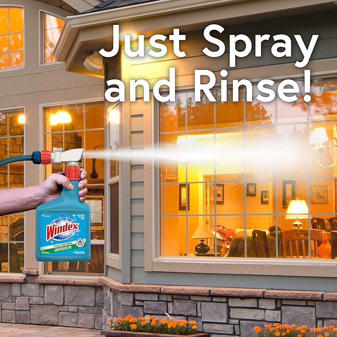 Windex Outdoor Window and Glass Cleaner for Hose Ammonia Free, Concentrated Formula for Deep Outdoor Clean, Patio Cleaner, Compatible With All Hoses, 32 Fl Oz (Pack of 8)