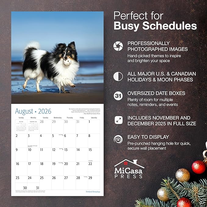 MICASA PRESS Shetland Sheepdogs 2026 Hangable Monthly Wall Calendar | 12" x 24" Open | Thick & Sturdy Paper | Holiday Gift | Cute Sheltie Puppy Dog Calendar 2026