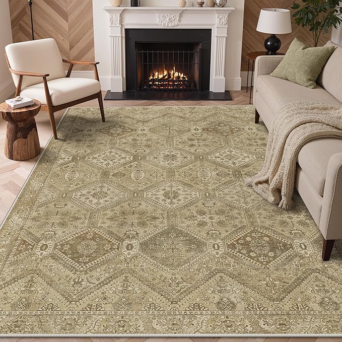 GENIMO 8x10 Area Rugs for Living Room, Machine Washable Non Slip Vintage Rugs, Low Pile Lightweight Print Rug for Bedroom, Dining Room, Home Office, Tan Brown