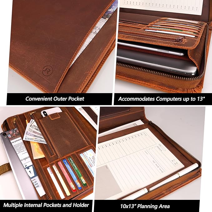JinRuiKJ Leather Portfolio for Men, Business Portfolio Binder for A4/Pad, Leather Portfolio Folder Organizer with Notepad Holder, Card Slots, Pen Loop, 10 x 13 in, Professional Gift Set - Light Brown
