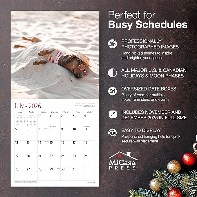 MICASA PRESS Dachshunds 2026 Wall Calendar 12 Month | 12" x 24" Open | Thick & Sturdy Paper | Holiday Gift | Cute Weiner Puppy Dog Calendar 2026