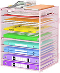 Cawukege 9 Tier Paper Organizer with Handle, Large Capacity Desk Organizer Mesh File Folder Letter Paper Tray Desktop Document Sorter for Classroom, School, and Office Accessories Organization- Pink