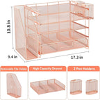 OPNICE Desk Organizer, 5-Tier Paper File Organizer with Drawer & Pen Holder, Office Desk Accessories, Workspace Desktop Organizer for Office Supplies(Rose Gold)