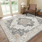 GENIMO 8x10 Area Rugs for Living Room, Machine Washable Non Slip Vintage Rugs, Low Pile Lightweight Chenille Print Rug for Bedroom, Dining Room, Home Office, Heathered Grey